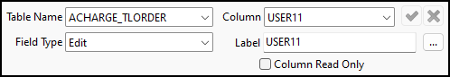 The ACHARGE_TLORDER User Fields setup pane with a USER11 label.
