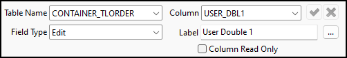 The CONTAINER_TLORDER User Fields setup pane with a USER_DBL label.