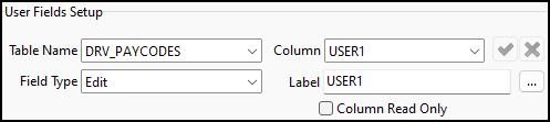 The DRV_PAYCODES User Fields Setup pane.