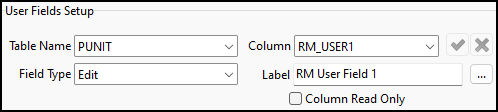 The PUNIT User Fields Setup pane set to the RM User Field label.