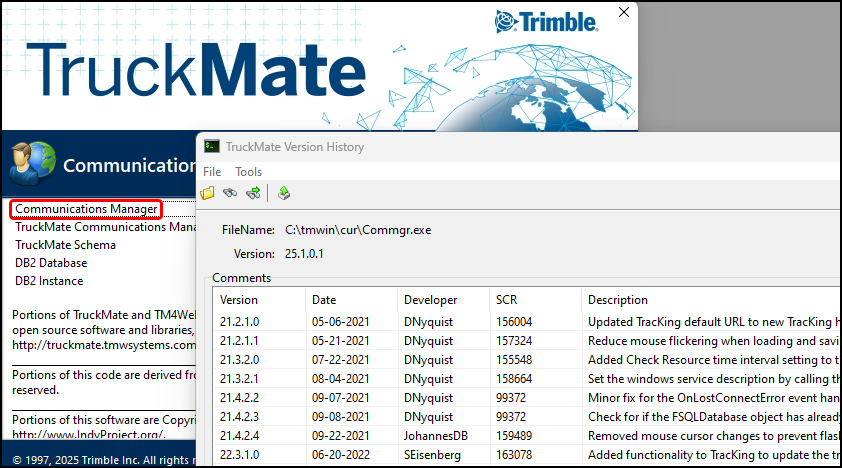 The TruckMate Version History window.