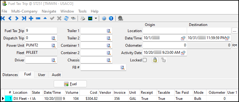 The DX fleet format in Fuel Tax Trip.