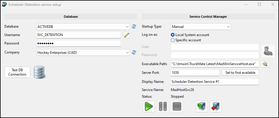 The Scheduler Detention service setup window.