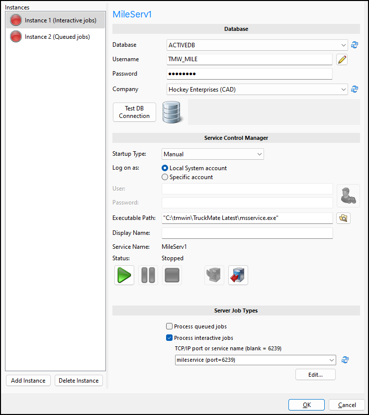 A Mileserver service configuration window.