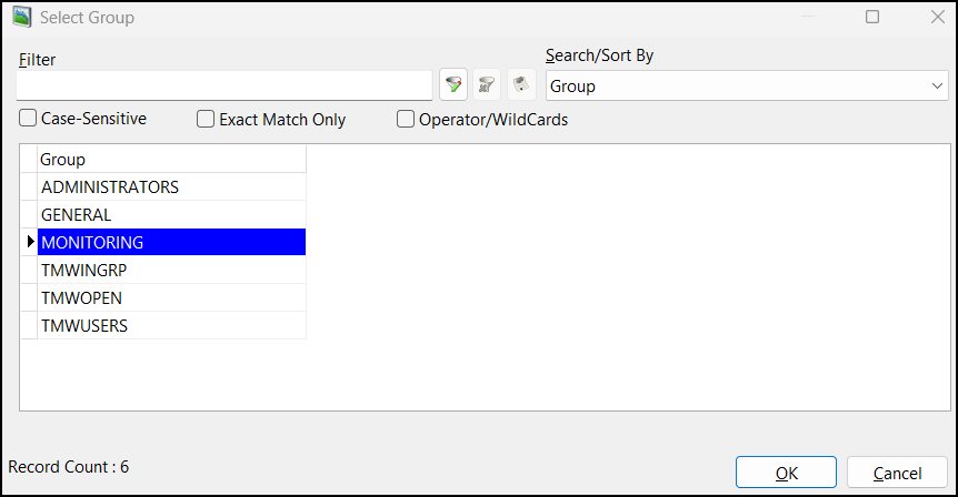 The Select Group window.