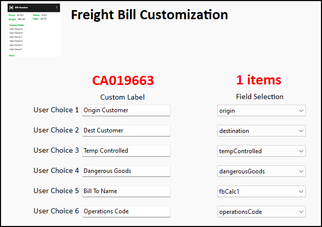 The Freight Bill Customization page in ConnectedDock Admin.