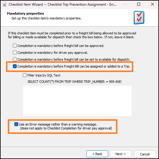 The Checklist Item Wizard window.