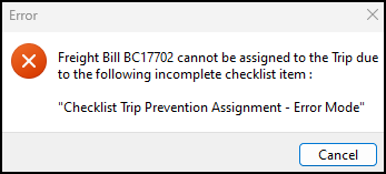 A warning message without the option to proceed.
