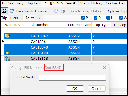 The Change Bill Number window with three freight bills selected.
