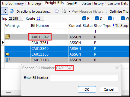 The Change Bill Number window with two freight bills selected and a different bill number in the header.
