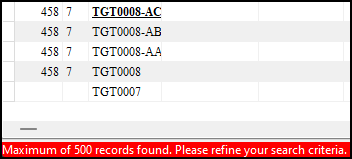 An error message stating that a maximum of 500 records has been found.