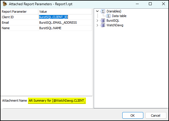 The Attached Report Parameters window.