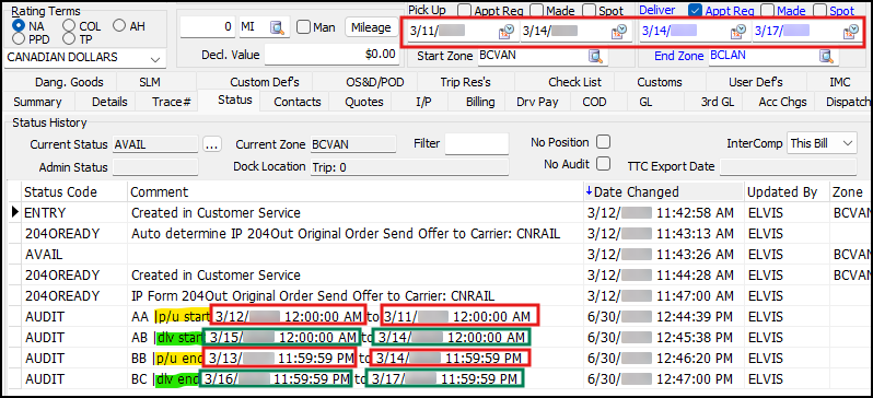 The Status grid with AUDIT codes with dates and times.