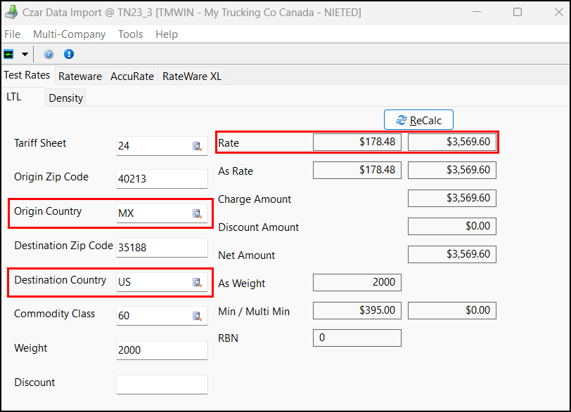 The LTL tab of Czar Data Import with the Origin Country and Destination Country fields emphasized.