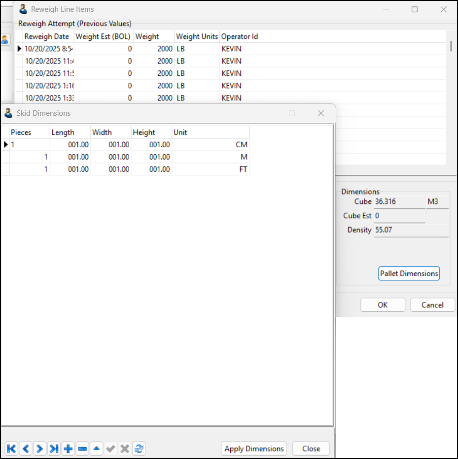The Reweigh Line Items and Skid Dimensions windows.