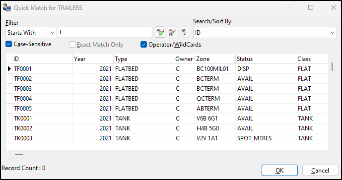 The Quick Match for TRAILERS window.