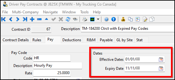 The Dates pane on the Pay tab.