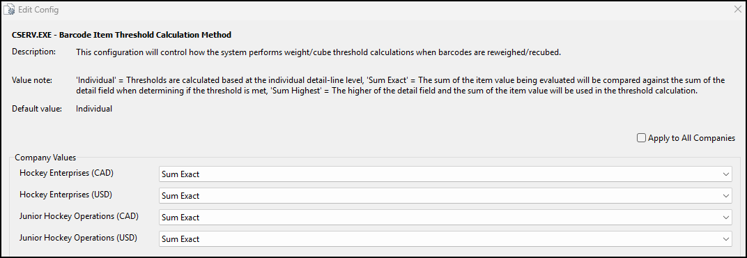 The Barcode Item Threshold Calculation Method app config.