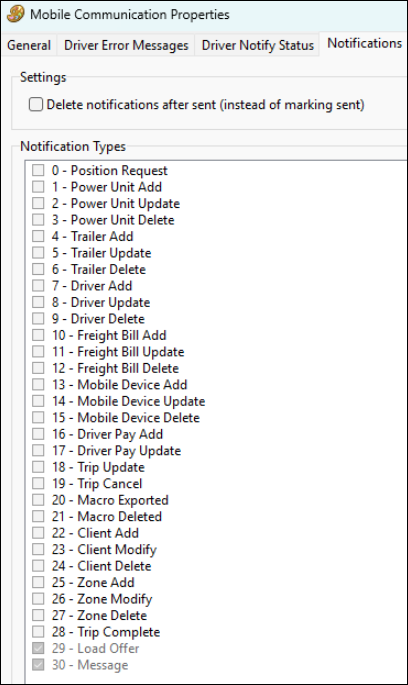 The Notifications tab of Mobile Communication Properties.