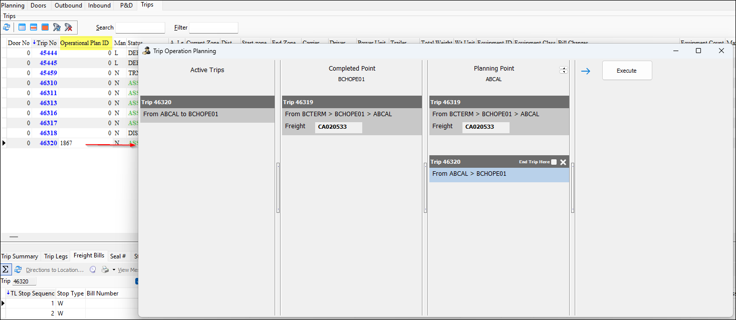 A Trip Operation Planning window over the Operational Plan ID column.