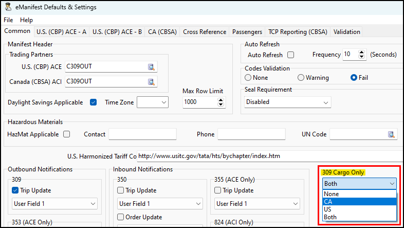 The 309 Cargo Only dropdown menu.