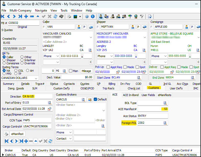 The Customs tab of Customer Service.