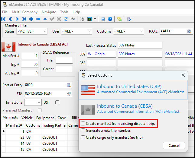 The Create manifest from existing dispatch trip checkbox.