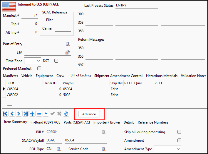 The Bill of Lading tab with the Advance option highlighted.