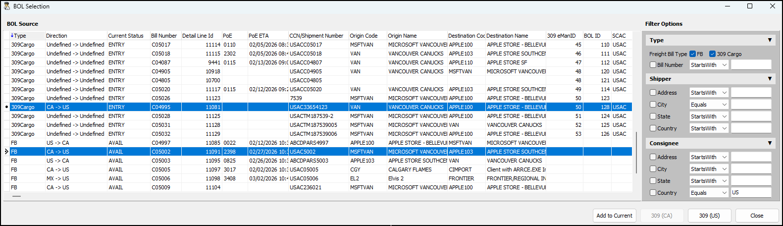 The BOL Selection window.