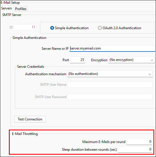 The E-Mail Throttling pane of the E-Mail Setup tab.