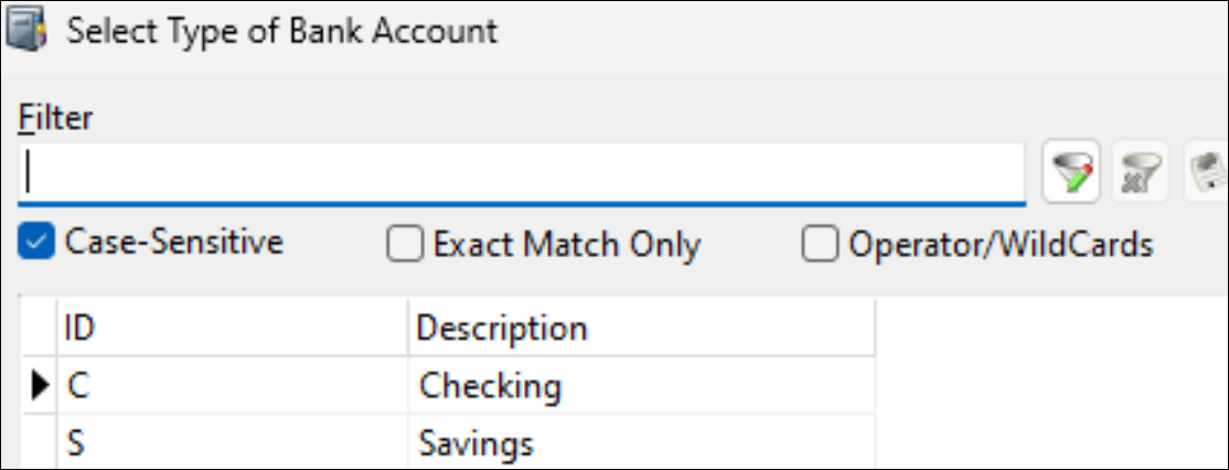The Select Type of Bank Account window.