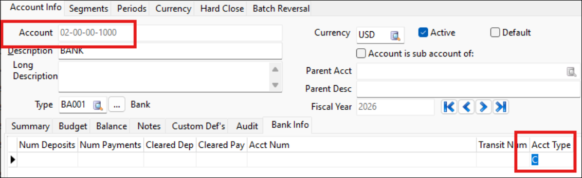 An Acct Type set to <em>C</em>.