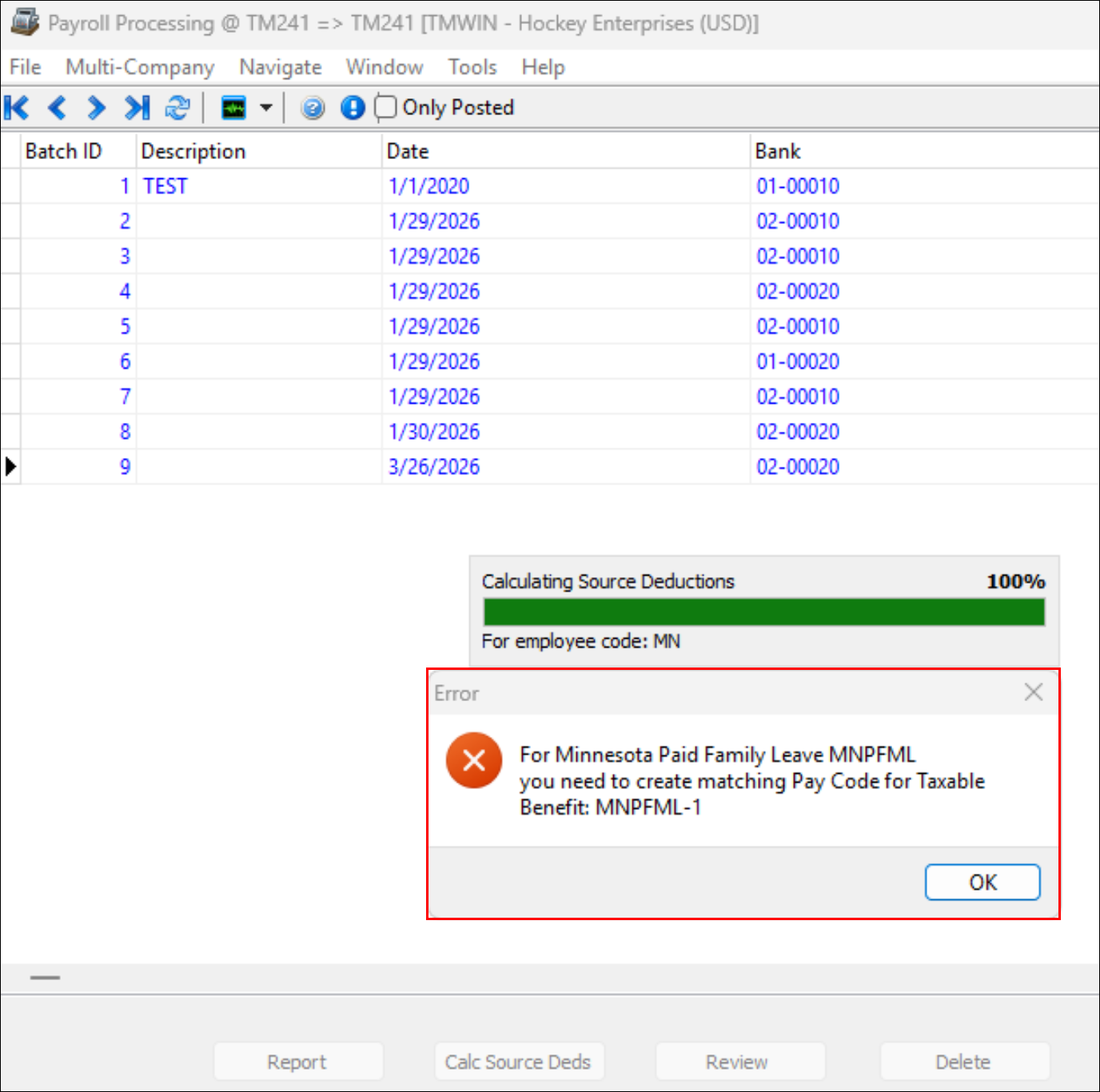 An error message requiring MNPFML to have a matching pay code.