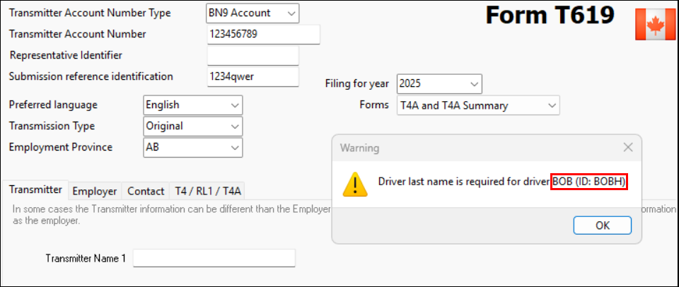 A warning message that includes a driver ID.