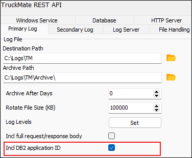 The Primary Log tab with the Incl DB2 application ID setting.