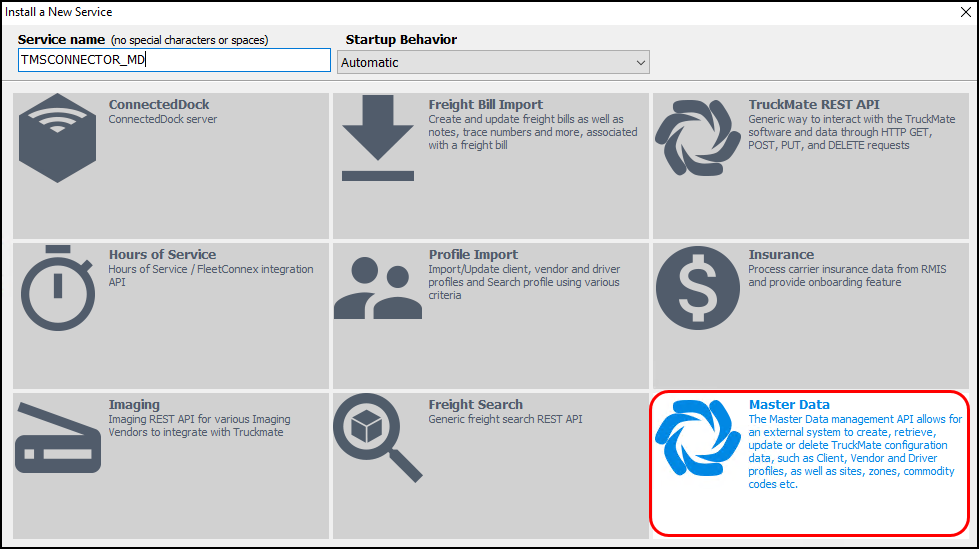 The TMS Connector Master Data API configuration.