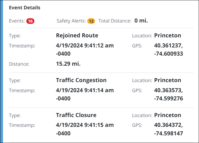 RouteReporter Event Details panel listing the first three of 16 on-road events