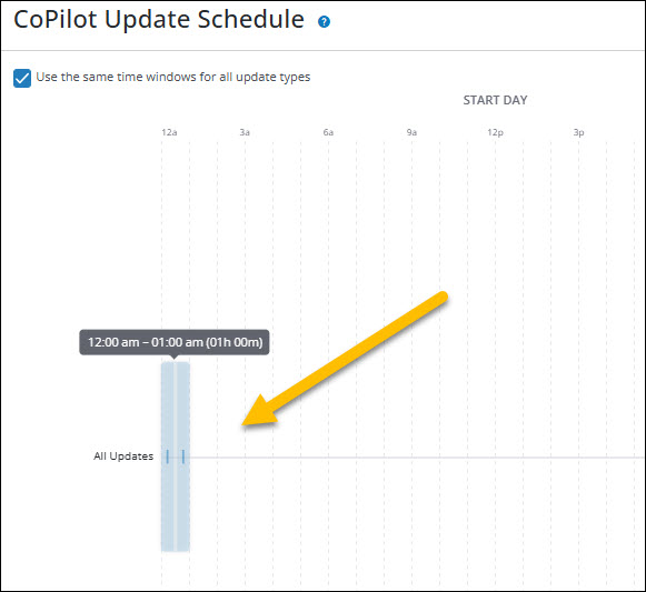 CoPilot Update Schedule screen with time window boxes