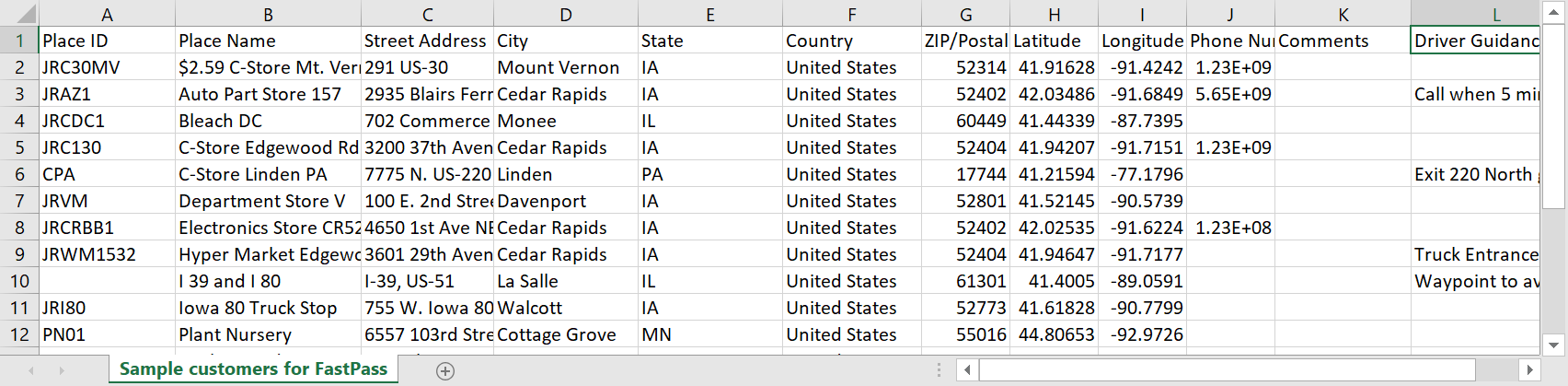 Example spreadsheet