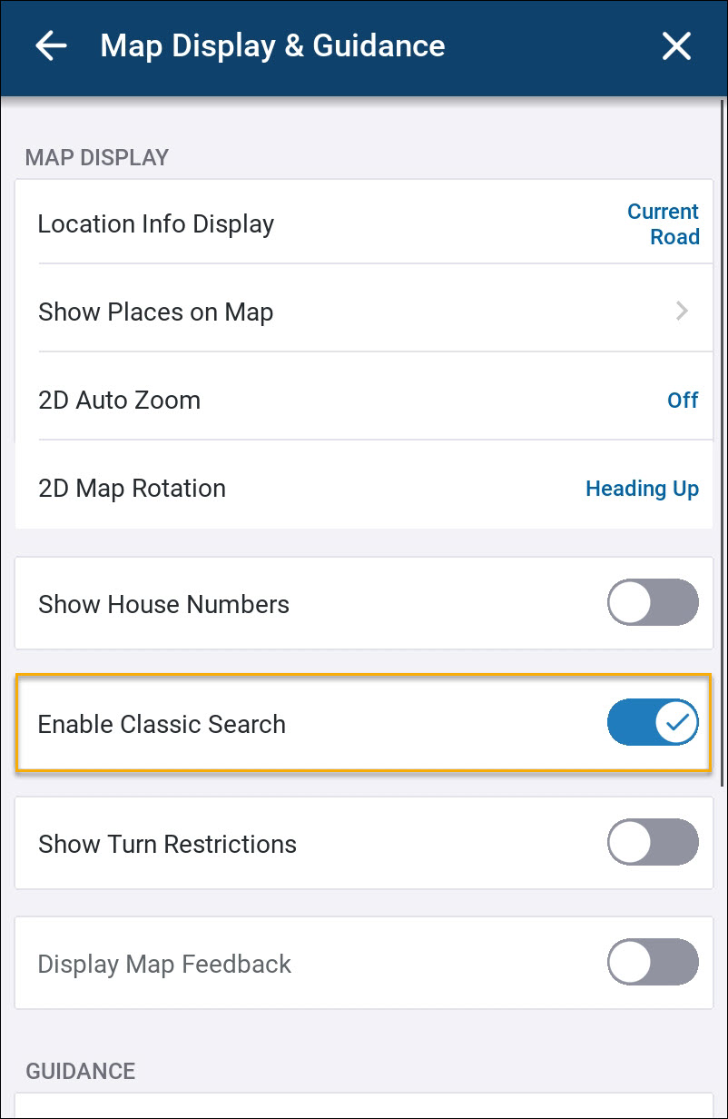 Screenshot of Map Display & Guidance settings screen with Enable Classic Search toggle highlighted
