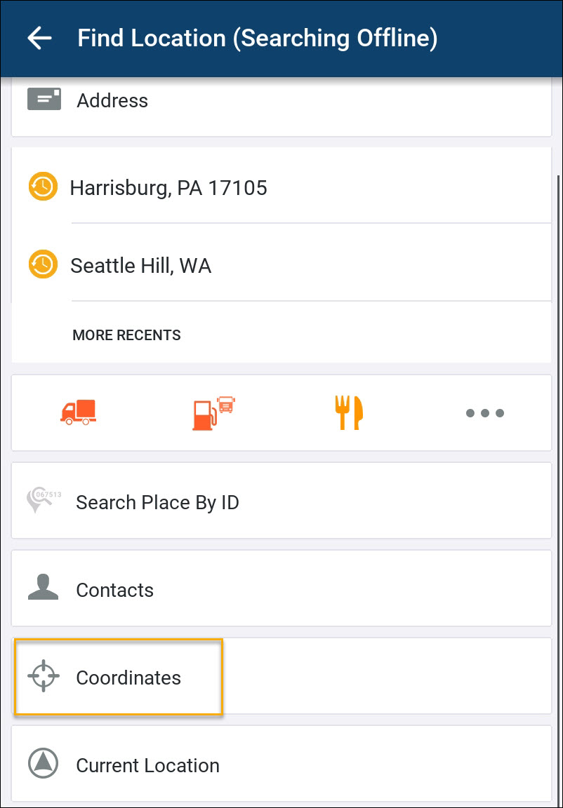 Screenshot of the stop location entry screen showing the Coordinates button