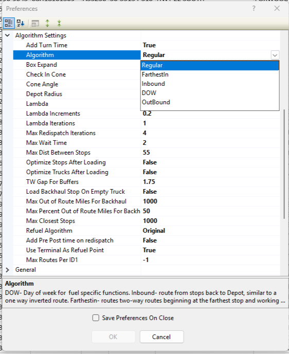 algorithm dropdown