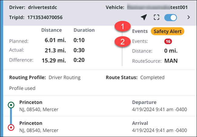 A RouteReporter route card showing a Safety Alert badge and 16 events