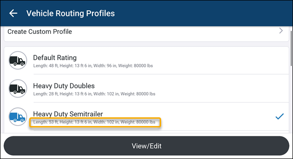 The Vehicle Routing Profile screen