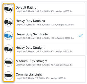 The vehicle icon on the CoPilot navigation screen for a fleet with preset profiles