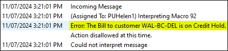The credit hold error message in the MobileComm log.