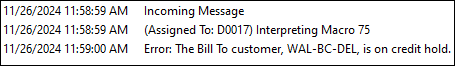 An example credit hold error message.