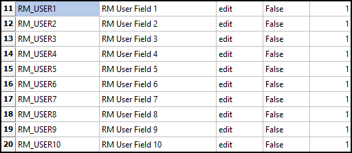 The RM_USER section of the User Fields for CLAIM table.