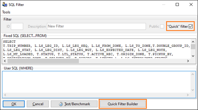 Quick Filter Builder window highlighted in SQL Filter window