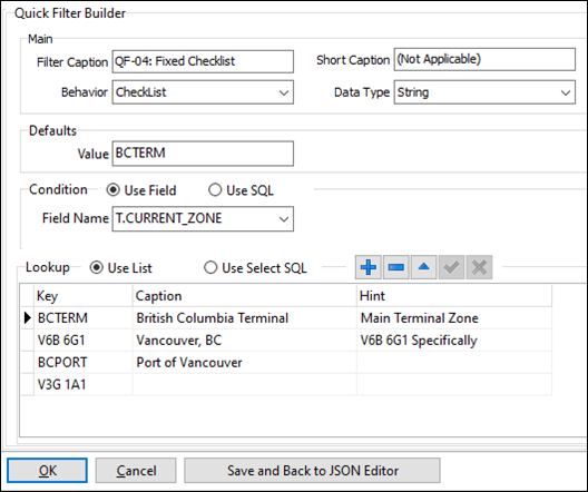 Completed Quick Filter Builder fields